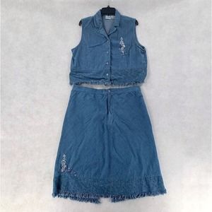 Two Twenty Bluebonnets Fringed Denim Skirt & Cropped Blouse Blue Jean Set‎ Lg